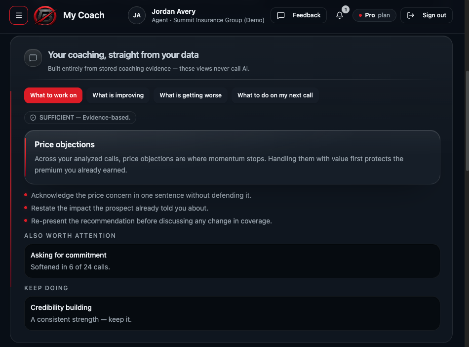 Battleline Command My Coach view showing what to work on, evidence-based coaching on price objections, also worth attention, and keep doing